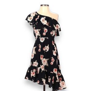 JOA Casual Dress Womens Size Small Black Floral One Shoulder Asymmetrical‎ Midi
